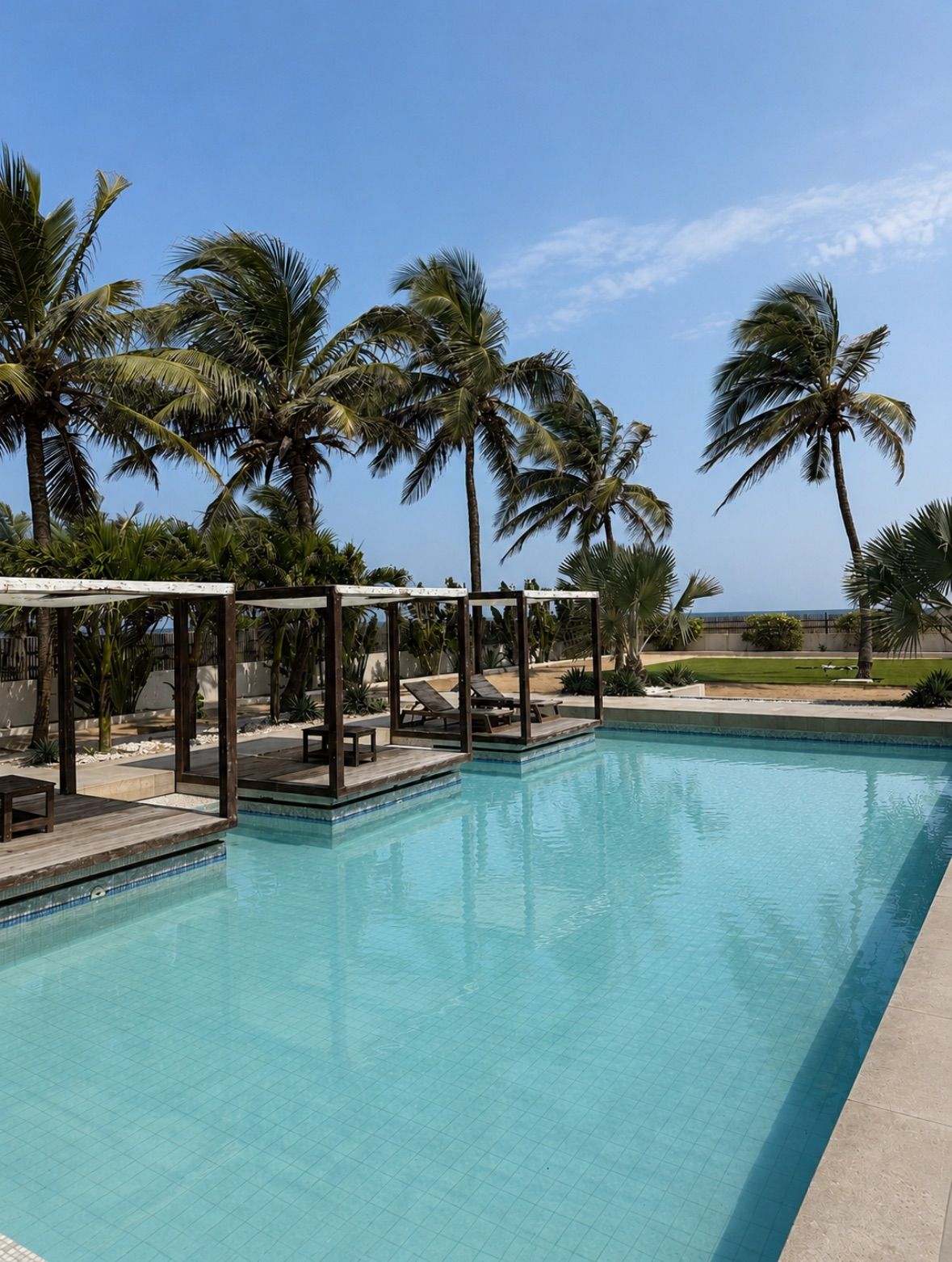 Beach house with a pool and palm trees